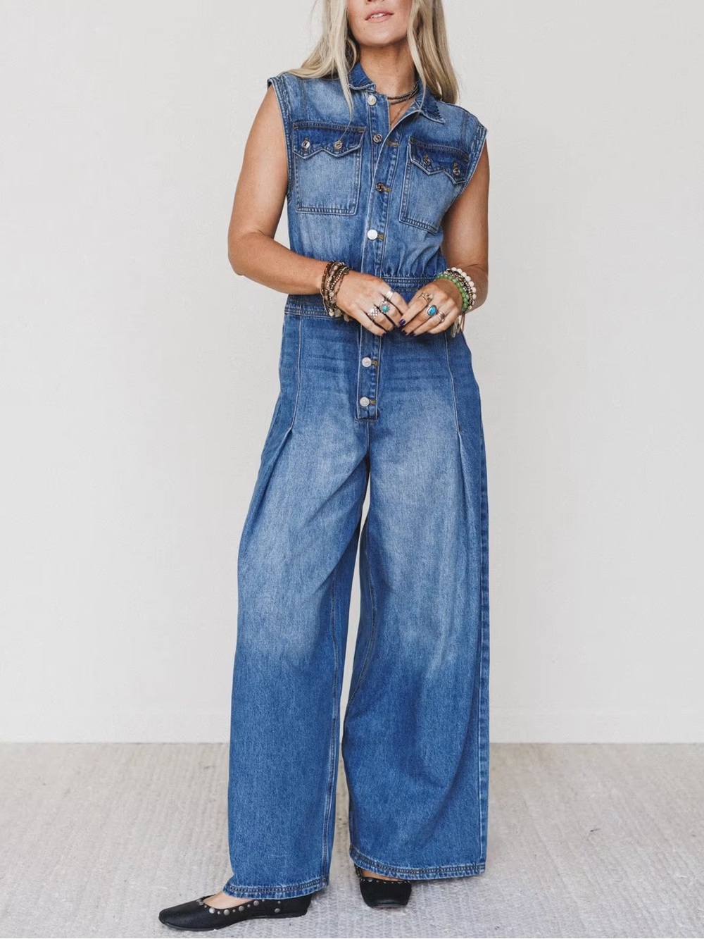 Bluivy Dark Blue Denim Sleeveless Wide-Leg Jumpsuit M